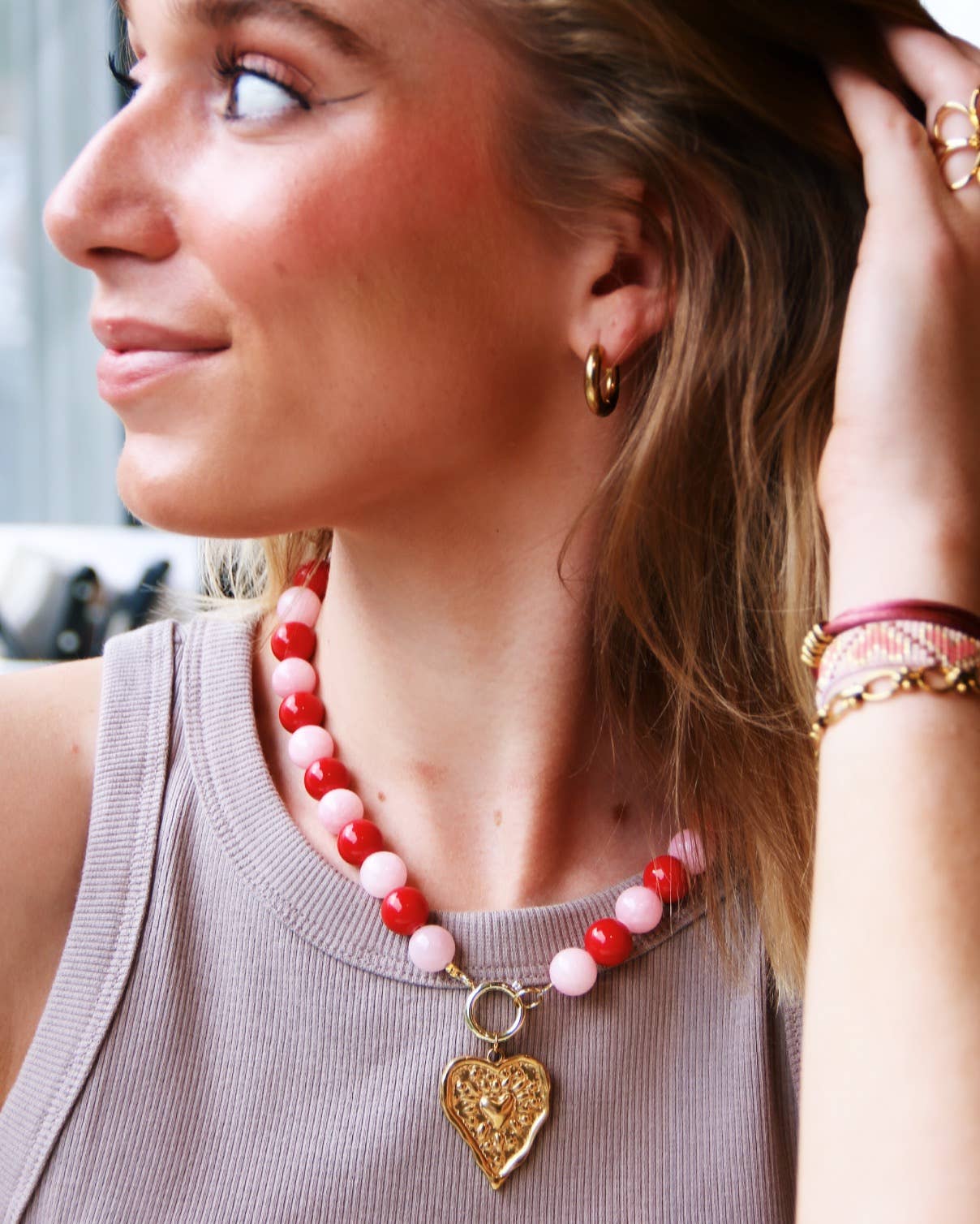 XL Natural stone bead necklace - red/pink