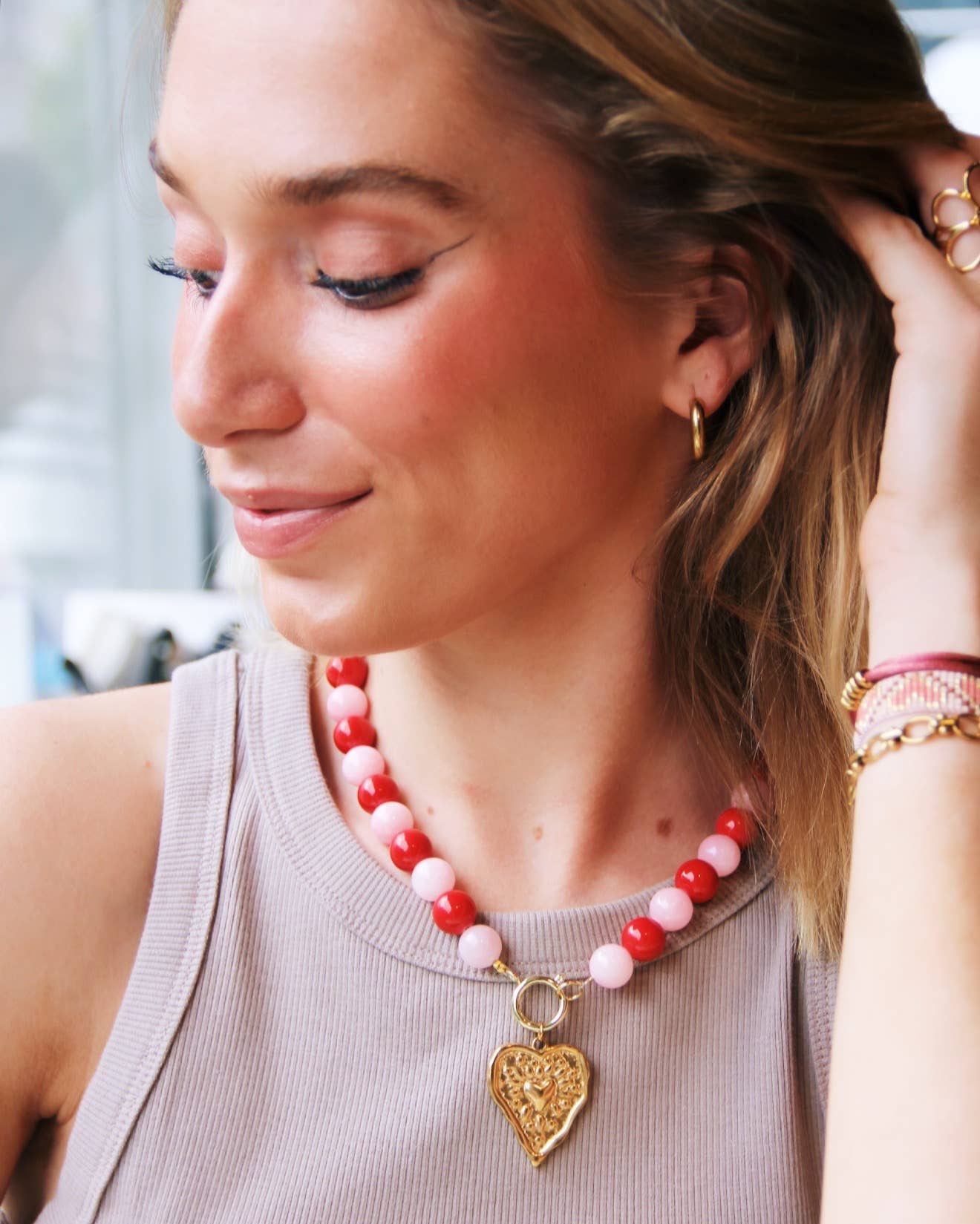 XL Natural stone bead necklace  - red/pink