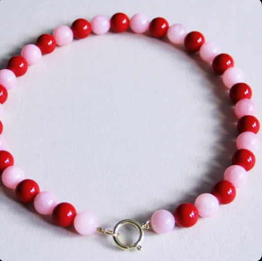XL Natural stone bead necklace  - red/pink